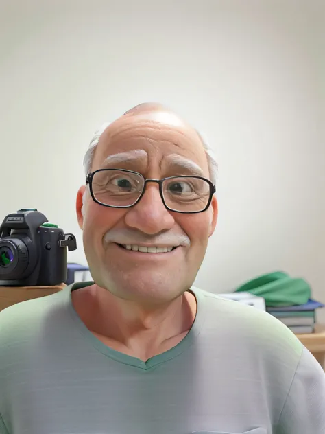 A happy bald old man with green eyes looking at an ultra-realistic camera