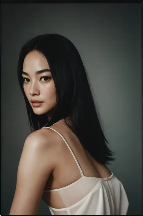 arafed instagram supermodel, biracial features, mid-length black hair, pale skin, perfect face, looking hot, victoria secret body, song hye kyo, harsh polaroid flash, vintage quality, in the night, dark background, one girl, vogue, white silk