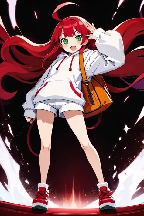  young baby face shy slanted eyes slightly open mouth red cheeks squishy bangs long flowing hair thin ahoge pale red hair yellow-green eyes white pupils slightly white skin Innerwear shorts baggy hoodie leather shoes shoulder bag cute gesture