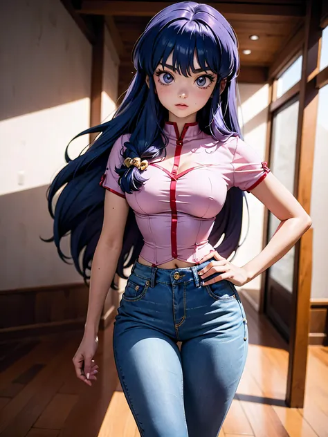 anime cabelo purple com short jeans e corset rosa pink, 16 anos, corpo bonito, seios grandes, with hands on hips and in hair, ha...