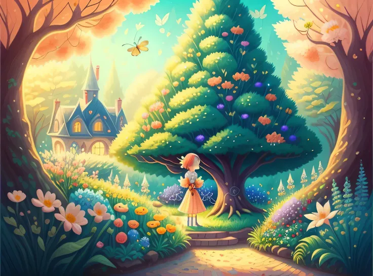 jardim de sonho, Trees, flores, Bonito, cabelos de cores claras, olhos azuis, Gossamer, a fairy tale illustration, Uma obra-prima sob luz brilhante, arte deslumbrante! A arte da magia, arte de conto de fadas, arte inspiradora, obras de arte requintadas