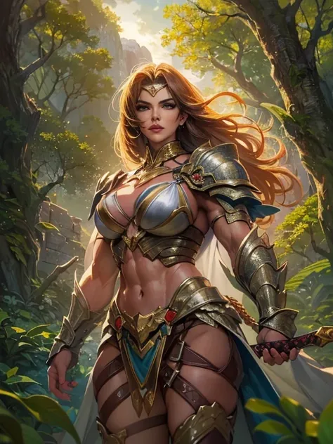 (Mejor calidad,4k,8K,high resolution,Obra maestra:1.2),ultra detallado,(realista,photorealista,photo-realista:1.37),mature warrior woman with muscular physique, brazos extremadamente musculosos, abdominales bien definidos, piernas poderosas, and athletic b...