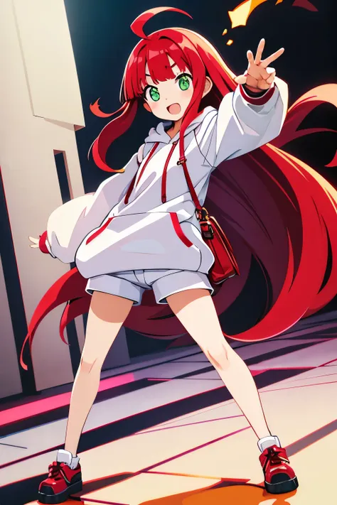  young baby face shy slanted eyes slightly open mouth red cheeks squishy bangs long flowing hair thin ahoge pale red hair yellow-green eyes white pupils slightly white skin Innerwear shorts baggy hoodie leather shoes shoulder bag cute gesture