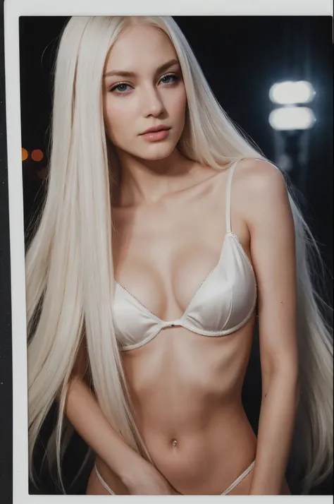 arafed instagram supermodel, european features, mid-length white hair, pale skin, perfect face, looking hot, victoria secret body, 2ne1, harsh polaroid flash, vintage quality, in the night, dark background, one girl, vogue, white silk