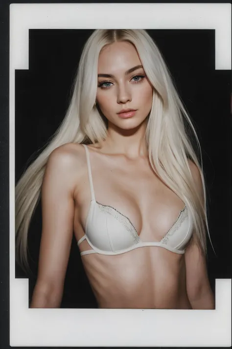 arafed instagram supermodel, european features, mid-length white hair, pale skin, perfect face, looking hot, victoria secret body, 2ne1, harsh polaroid flash, vintage quality, in the night, dark background, one girl, vogue, white silk