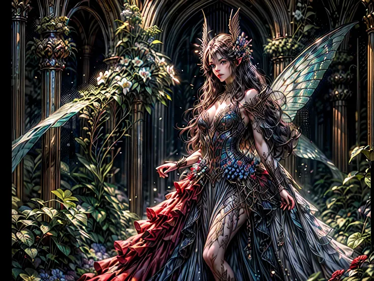 high details, best quality, 16k, RAW, [best detailed], masterpiece, best quality, (extremely detailed), full body, ultra wide shot, photorealistic, dark fantasy art, goth art, RPG art, D&D art, a picture of a dark female fairy resting in a flower meadow, e...