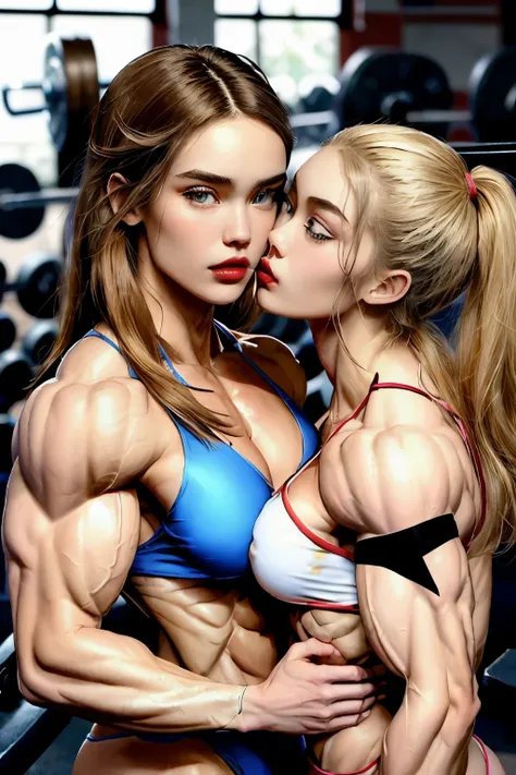 (2 girls body builders:1.6), ((masterpiece)), best quality, ultra-detailed:1.7, finely detail, high resolution:1.6, perfect dynamic composition, beautiful detailed faces:1.77, blonde babes:1.88, perfect red lipstick, perfect makeup:1.8, short denim bikini ...