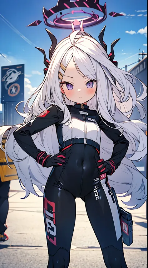 super cute face,cool,halo, Wearing a motorcycle suit that looks like a plug suit、Shiny high-leg racing suit、hands on hips、A suit that shows off your body silhouette、