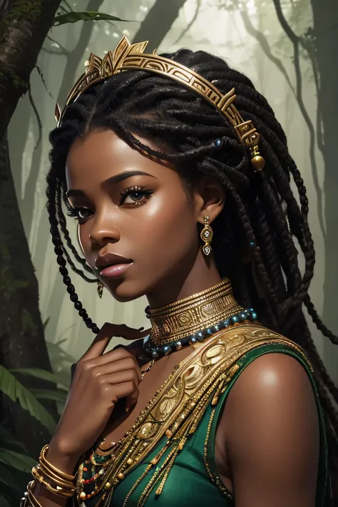 create stunning concept art and illustration of lady 13 years of african american ,  forest scene fashion illustraion , with beads on the neck, good hands, face and body.
