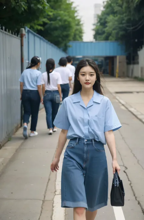 a group of beauties,Wearing sky blue short-sleeved shirt factory workshop employee work clothes,Youth summer work clothes short-sleeved shirt,Indigo jeans,Walking on the sidewalk outside the factory fence,On the way to work