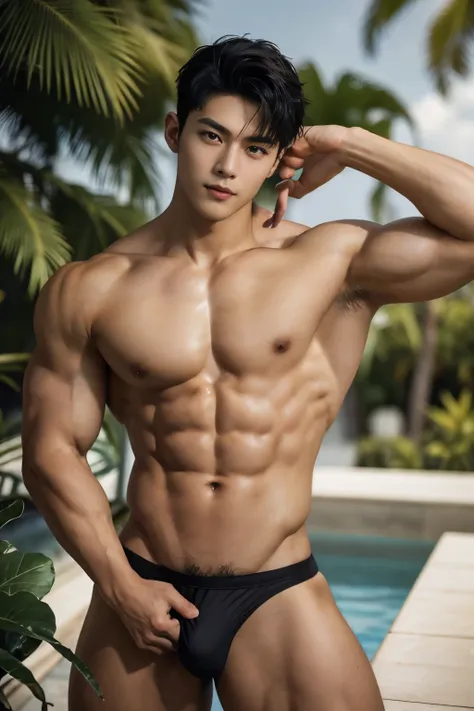 1boy, vietnamese male, a handsome muscular boy, 18 years old male model, wearing tiny black thong, posing and flexing, dynamic p...