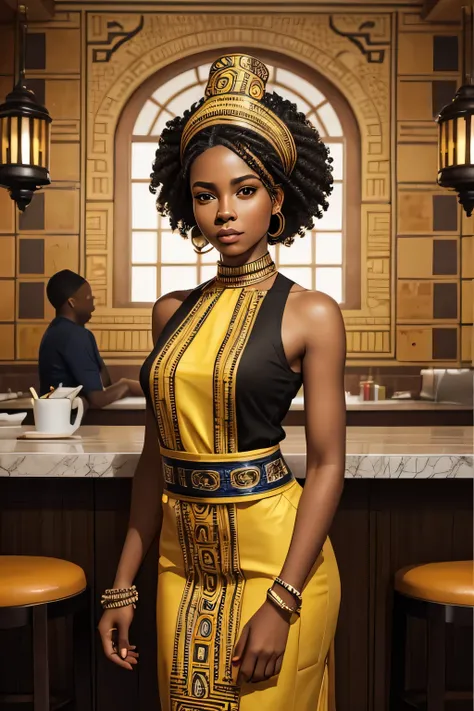 create stunning concept art and illustration of lady 13 years of african american , standing  in resturant  tile on head , painting , fashion illustraion , with beads on the neck, good hands, face and body.
