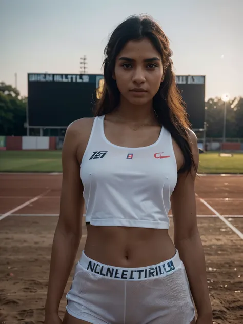 beautiful mature Indian college girl, in track outfit, outside on track field, ((slim, )), photorealistic, photo, masterpiece, realistic, realism, photorealism, high contrast, photorealistic digital art trending on Artstation 8k HD high definition detailed...