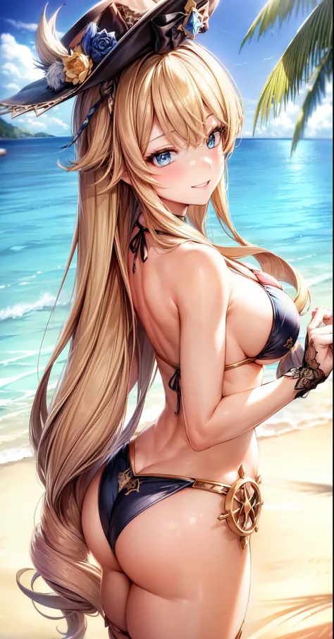 anime, beautiful face, highly detailed face, 2 accurate legs, blue detailed eyes, highly detailed beach background, perfect lighting, best body lighting, navia hat, 1girl, solo, navia, genshin impact, outdoors, beautiful blonde long hair, absurdres, high r...