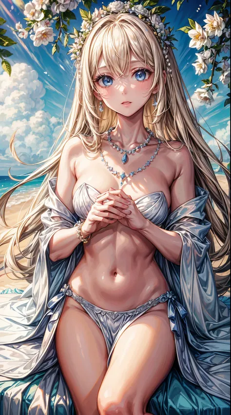 masterpiece,highest quality,Ultra high definition,helene, blonde hair, blue eyes, fair skin, white chiton, flower crown, pearl necklace,Elegant posture