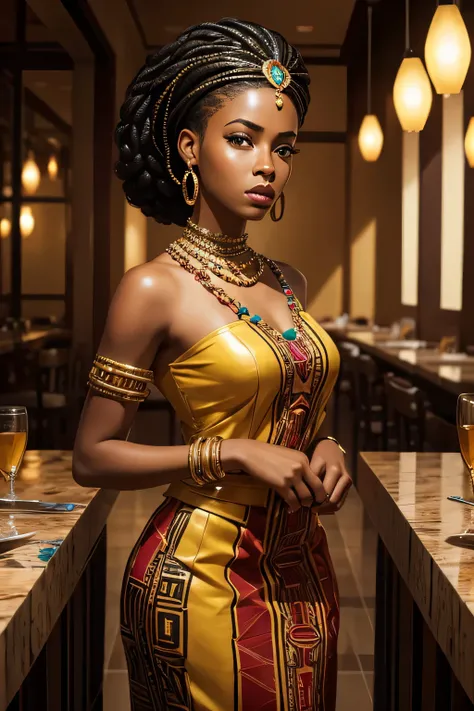 create stunning concept art and illustration of lady 13 years of african american , standing in resturant tile on head , painting , fashion illustraion , with beads on the neck, good hands, face and body.
