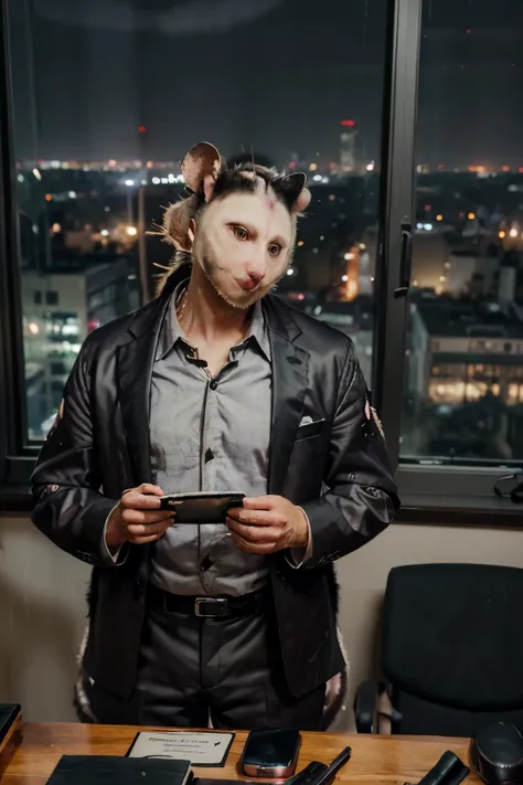  (a tired, formally dressed opossum with an arrogant look:1.6),(office setting),desk,nameplate on desk:(nameplate reads "Fefysnoner"),one computer,documents,pen-holder,telephone,keyboard,mouse,cup of coffee,(window overlooking night city:1.4),(wooden inter...