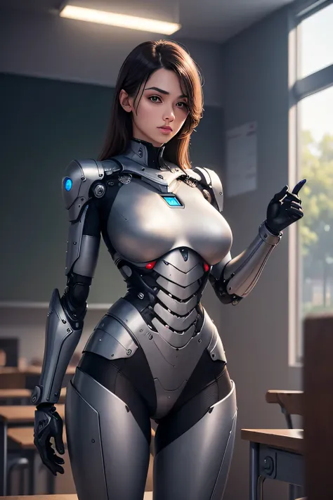 A female student who became a robot　A human male teacher is standing behind me..　Machine body　The background is a classroom, Hmm, retina, masterpiece, Accurate, anatomically correct, rough skin, Super detailed, advanced details, high quality, Awards, 最high...