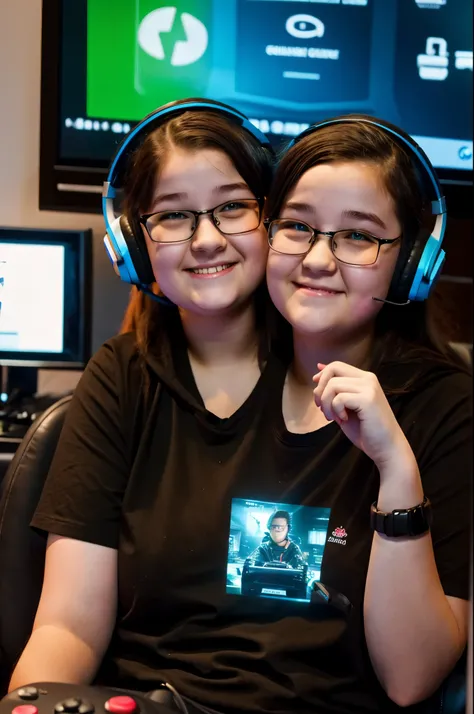 2heads, two headed girl, gamer, nerdy, chubby, age 16, playing game, holding controller, wearing gaming headset, cute, Irish,