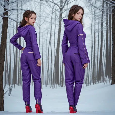 High quality photos. One 10-year-old girl is full-length in a voluminous purple winter jumpsuit with a diamond-shaped quilted pattern and one hood. There are many pockets on the jumpsuit: front, back and sleeves, many button and zipper fasteners, original ...