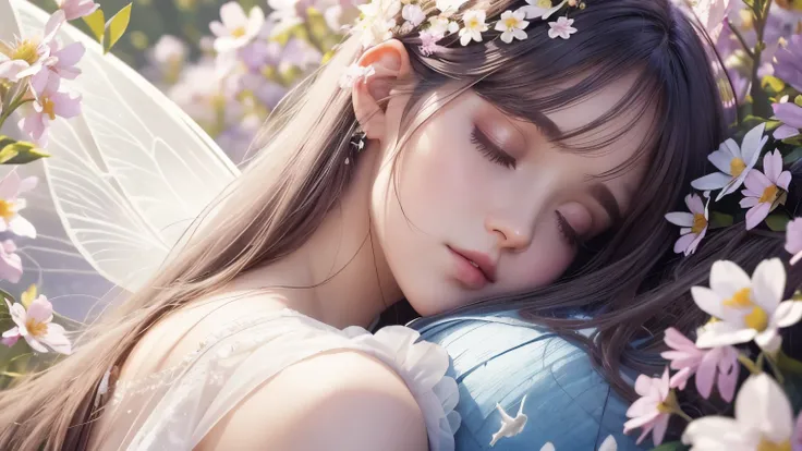 One beautiful fairy with wings、Sleeping、pale hair、bangs、With the fairy in front、Upper body、close up of face、spring scenery、surrounded by flowers、colorful flower field、high resolution、mysterious、high resolution、