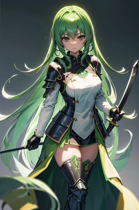 4k,High resolution,one woman,green hair,long hair,knight,黒色のknightの鎧,heavy armor,knightのヘルメット,long sword,Plain color