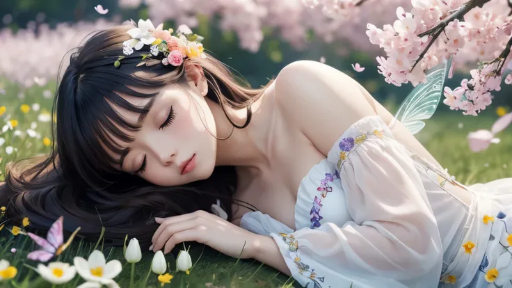 One beautiful fairy with wings、Sleeping、bangs、Upper body、Beautiful lips、close up of face、Flowers in the foreground、spring scenery、surrounded by spring flowers、colorful flower field、high resolution、mysterious、high resolution、