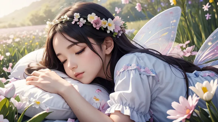 One beautiful fairy with wings、Sleeping、bouquet pillow、Upper body、Beautiful lips、close up of face、Flowers in the foreground、spring scenery、surrounded by spring flowers、colorful flower field、high resolution、mysterious、high resolution、