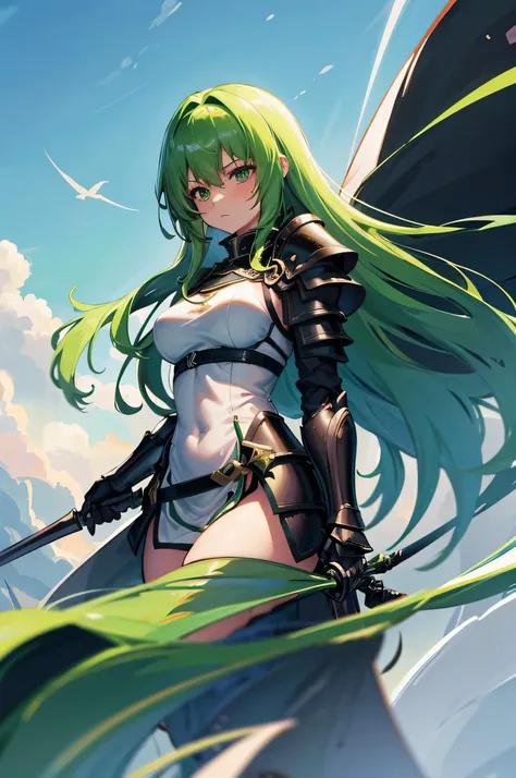 4k,High resolution,one woman,green hair,long hair,knight,黒色のknightの鎧,heavy armor,knightのヘルメット,long sword,Plain color