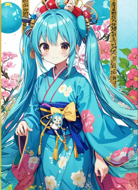 light blue long hair、girl with twin tails　doll&#39;s festival　hina doll tiered decoration　kimono　cute smile