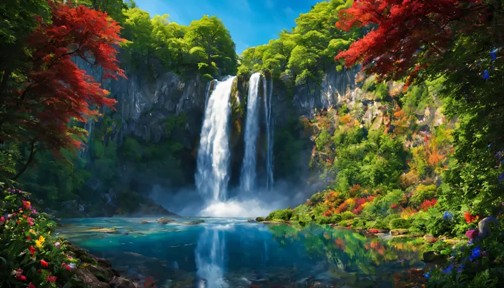 view of the waterfall with a rainbow reflection below, lots of trees, bright blue sky, rocks, beautiful flowers, butterflies, falling leaves, detailed, 4k, high resolution, HD