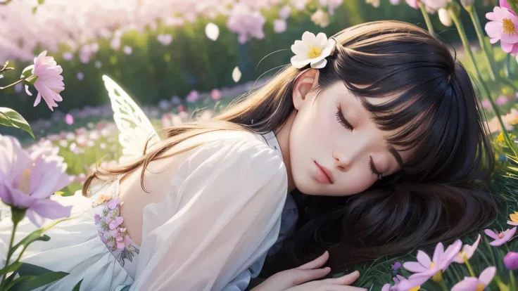 One beautiful fairy with wings、Sleeping、Upper body、Beautiful lips、pale hair、bangs、Flowers in the foreground、spring scenery、surrounded by flowers、colorful flower field、high resolution、mysterious、high resolution、