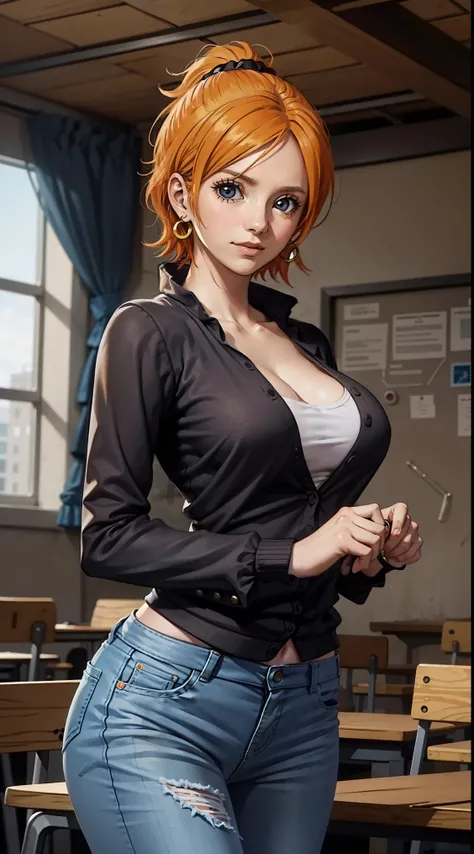 koala from anime one piece, short hair, orange hair, ponytail, beautiful, beautiful woman, perfect body, perfect breasts, wearing white shirt, black cardigan, long jeans, handbag, wearing watch, wearing earrings, in class , on campus, university, blackboar...