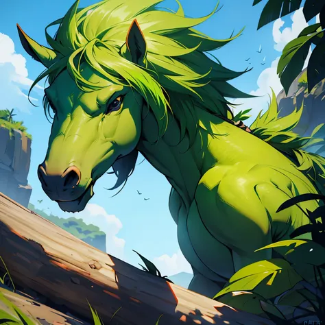 arte estilo mlp com um ponei alicornio macho de pele laranja e cabelo verde e ciano e olhos verdes com um background hd stilo da arte gamer