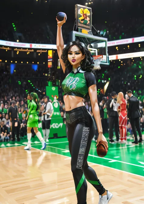 a woman in a green blouse and black pants holding a basketball, Jayson Tatum as Mother Mary, Jayson Tatum as a heroic guerrilla, Jaylen Brown, boston Celta, 🤬 🤮 💕 🎀, magic uniform, Celta, Zendaya como Hulk, holding the larry obrien trophy, Jayson Tatum