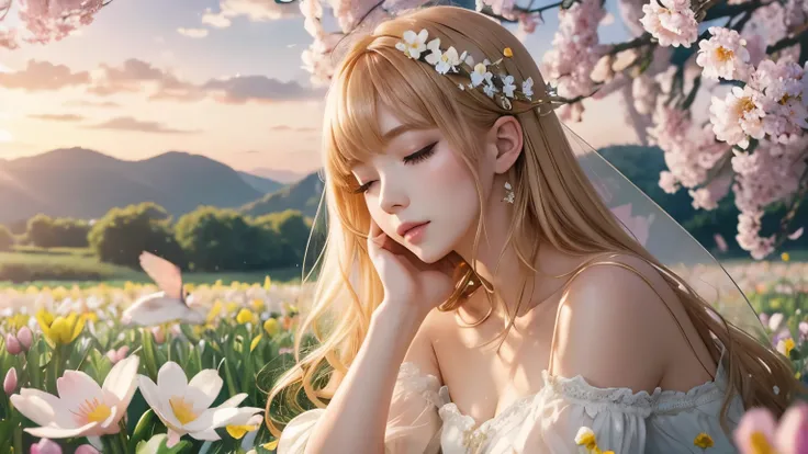 One beautiful fairy with wings、Sleeping、Champagne Gold Hair、bangs、Upper body、Beautiful lips、Flowers in the foreground、spring scenery、surrounded by spring flowers、colorful flower field、high resolution、mysterious、high resolution、