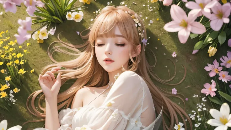 One beautiful fairy with wings、Sleeping、Champagne Gold Hair、bangs、Upper body、Beautiful lips、Flowers in the foreground、spring scenery、surrounded by spring flowers、colorful flower field、high resolution、mysterious、high resolution、