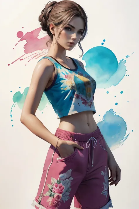 ((obra de arte de tinta obra-prima na paleta de aquarelas escuras)), ((princesa russa)) no reino moderno, crop top com ornamento tradicional russo, sports_pants, tennis, estilo GTA, videogame, papel de parede, CG