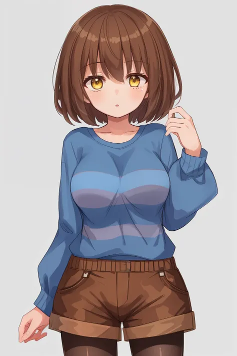 ((best quality)), ((masterpiece)), (detailed), undertale frisk, brown hair, (brown shorts:1.3), bob cut, short hair, black panty...