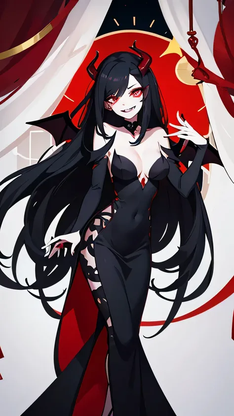 demon woman with long black hair, sharp teeth, glowing red eyes, bat wings on back, ram horns, hazbin hotel