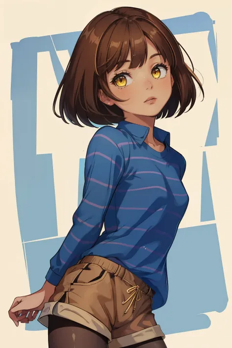 ((best quality)), ((masterpiece)), (detailed), undertale frisk, brown hair, (brown shorts:1.3), bob cut, short hair, black panty...