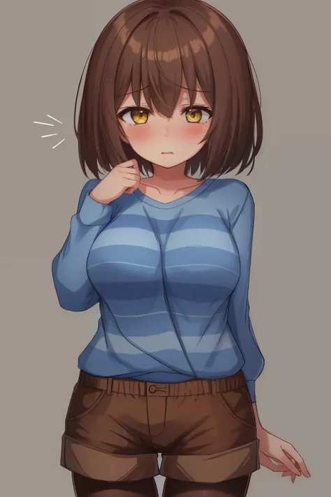 ((best quality)), ((masterpiece)), (detailed), undertale frisk, brown hair, (brown shorts:1.3), bob cut, short hair, black panty...