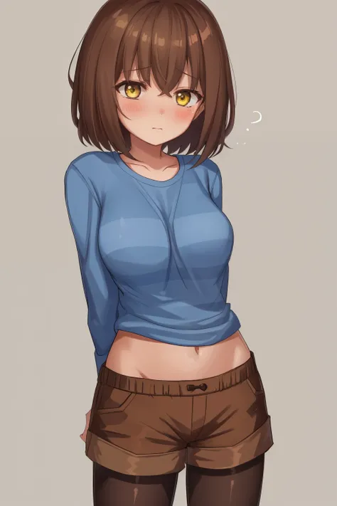 ((best quality)), ((masterpiece)), (detailed), Undertale Frisk, brown hair, (brown shorts:1.3), bob cut, short hair, black pantyhose, (blue shirt:1.3), yellow eyes, (1girl:1.3), (solo:1.3), striped, striped shirt tetas con una altura de 2 y 1.0 centimeters...