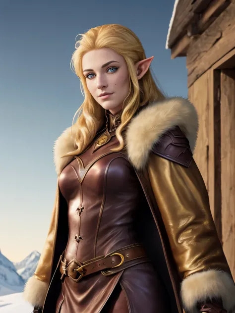 (Realistic:1.2), midshot, (cel-shading style:1.3), centered image, ultra detailed illustration of female elf posing, golden hair, (shining gold freckles), inkpunk, (ink lines:1.1), strong outlines, bold traces, unframed, high contrast, (cel-shaded:1.1), ve...