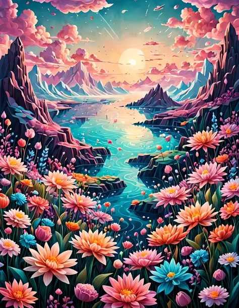 Design a visually captivating digital artwork featuring an otherworldly landscape where vibrant geometric shapes represent ((flowers)) floating in a sea of soft pastel hues, the flowers are depicted as intricate geometric patterns, they blend seamlessly wi...