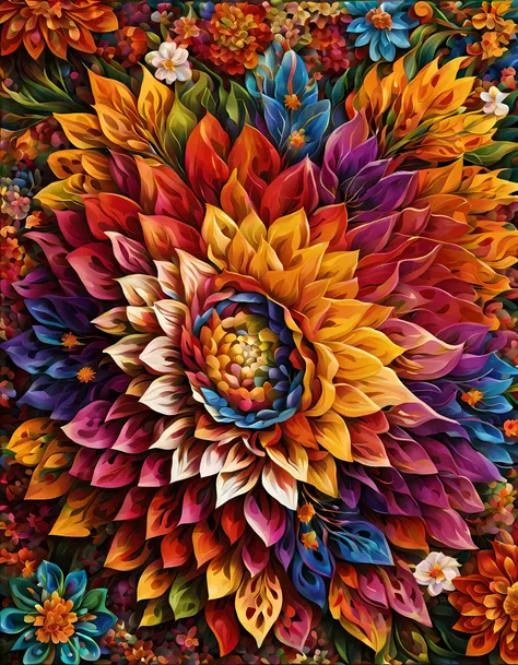 Design a visually captivating and harmoniouosaic))) artwork where ((flowers)) unfold in a mesmerizing display of colors and shapes, a tapestry of intricate patterns and textures, vibrant hues swirling and intermingling, a sense of wonder and enchantment, m...