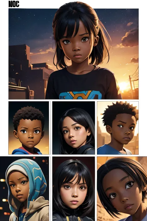 3d character, storyboard, Children, graphic novel, anime and manga style, children, african american, ai comic, graphic novel, vector, masterpiece, highres, super high quality,high detailed, good hand, good face