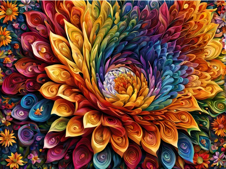 Design a visually captivating and harmoniouosaic))) artwork where ((flowers)) unfold in a mesmerizing display of colors and shapes, a tapestry of intricate patterns and textures, vibrant hues swirling and intermingling, a sense of wonder and enchantment, m...