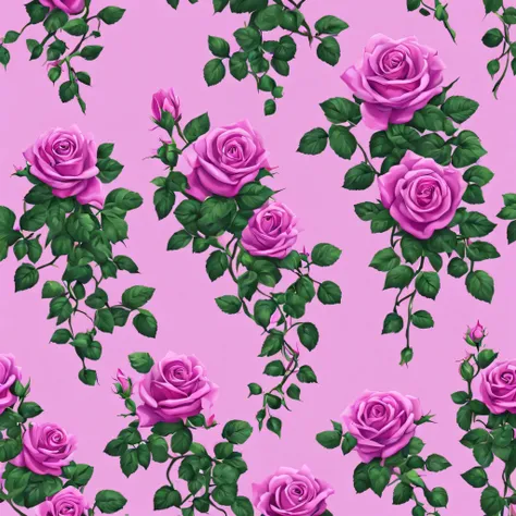 climbing purple roses, vines, vibrant, decorative, pink background, Isometric art