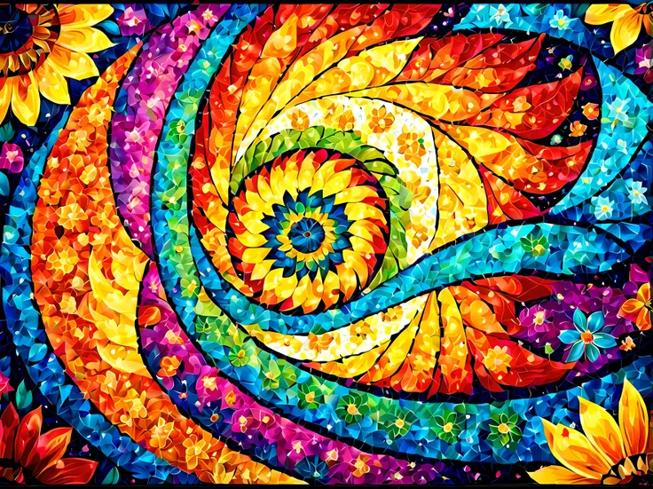 Design a visually captivating and harmoniouosaic))) artwork where ((flowers)) unfold in a mesmerizing display of colors and shapes, a tapestry of intricate patterns and textures, vibrant hues swirling and intermingling, a sense of wonder and enchantment, m...